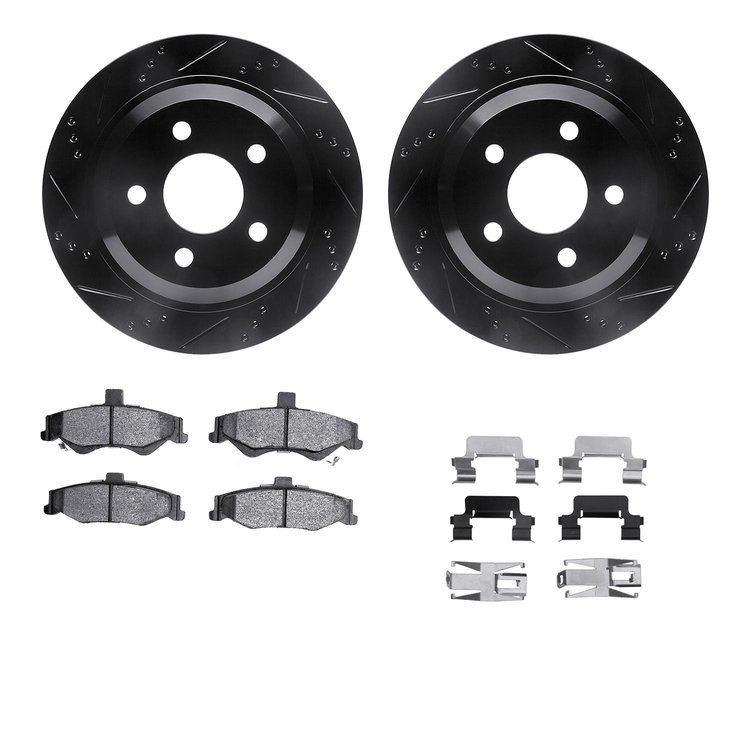 8512-52034 Drilled/Slotted Brake Rotors w/5000 Advanced Brake Pads Kit & Hardware [Black], 1998-2002 GM, Position: Rear