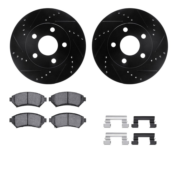 8512-52035 Drilled/Slotted Brake Rotors w/5000 Advanced Brake Pads Kit & Hardware [Black], 1997-2005 GM, Position: Front
