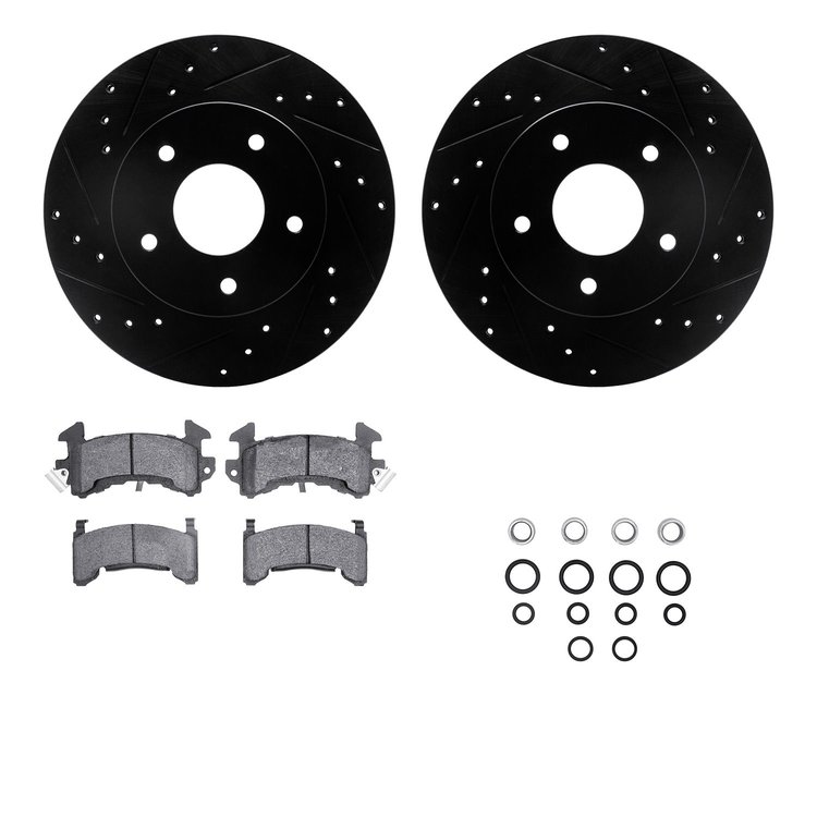 8512-52037 Drilled/Slotted Brake Rotors w/5000 Advanced Brake Pads Kit & Hardware [Black], 1978-1981 GM, Position: Rear
