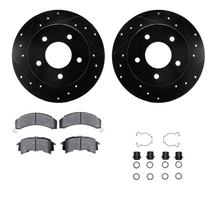 8512-52040 Drilled/Slotted Brake Rotors w/5000 Advanced Brake Pads Kit & Hardware [Black], 1984-1988 GM, Position: Rear