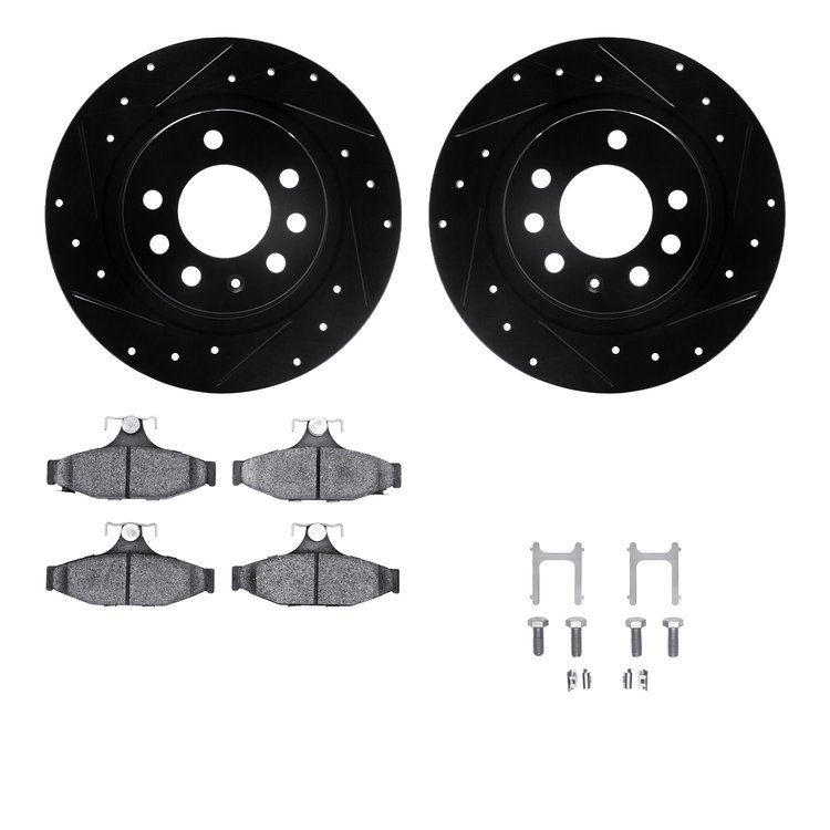 8512-52043 Drilled/Slotted Brake Rotors w/5000 Advanced Brake Pads Kit & Hardware [Black], 1985-1992 GM, Position: Rear