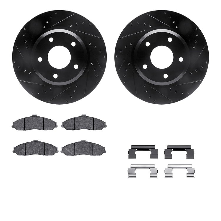 8512-52063 Drilled/Slotted Brake Rotors w/5000 Advanced Brake Pads Kit & Hardware [Black], 2005-2006 GM, Position: Front