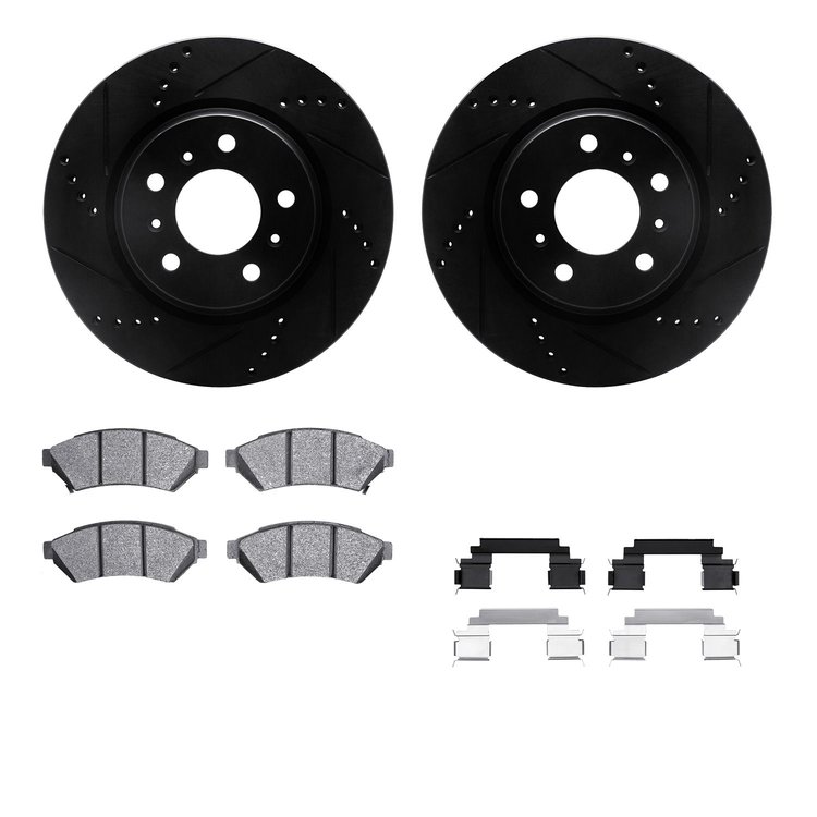 8512-52082 Drilled/Slotted Brake Rotors w/5000 Advanced Brake Pads Kit & Hardware [Black], 2004-2008 GM, Position: Front