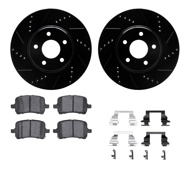 8512-53003 Drilled/Slotted Brake Rotors w/5000 Advanced Brake Pads Kit & Hardware [Black], 2004-2012 GM, Position: Front