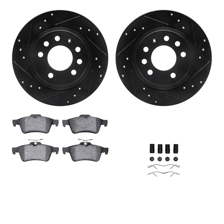 8512-53006 Drilled/Slotted Brake Rotors w/5000 Advanced Brake Pads Kit & Hardware [Black], 2006-2010 GM, Position: Rear