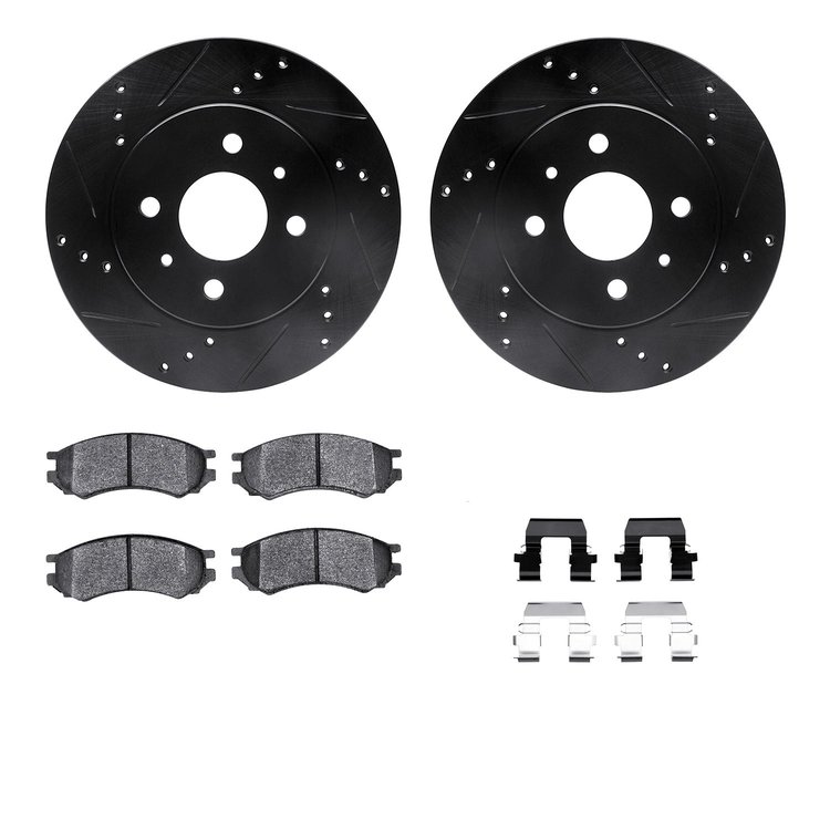 8512-53016 Drilled/Slotted Brake Rotors w/5000 Advanced Brake Pads Kit & Hardware [Black], 1991-1996 GM, Position: Front