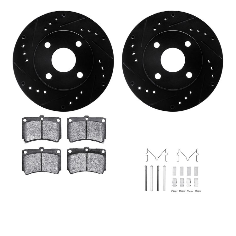 8512-54001 Drilled/Slotted Brake Rotors w/5000 Advanced Brake Pads Kit & Hardware [Black], 1990-1998 Ford/Lincoln/Mercury/Mazda,