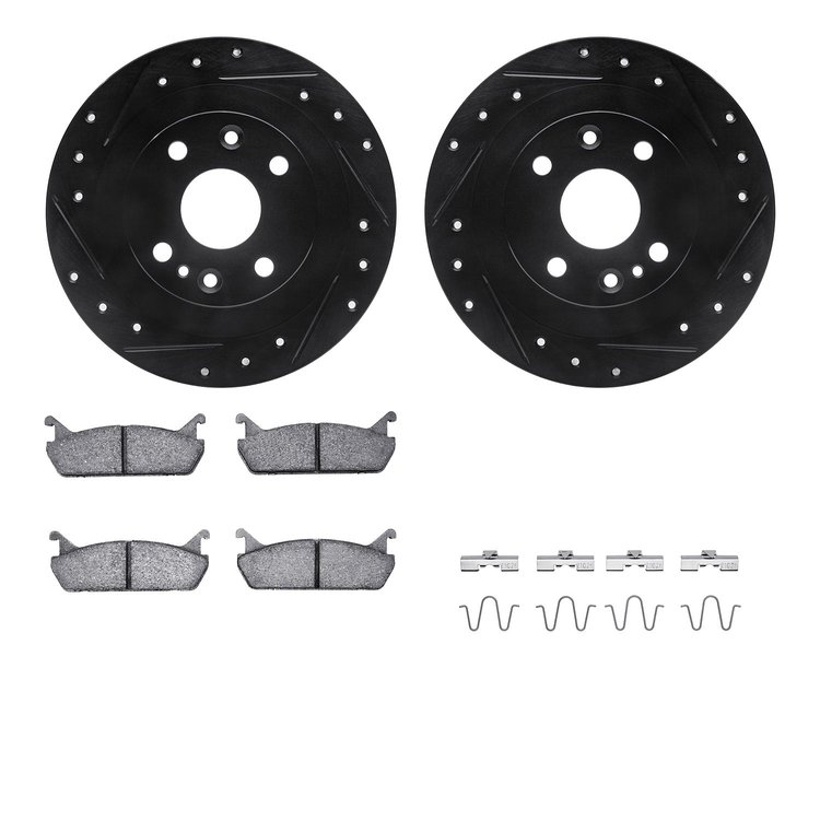 8512-54005 Drilled/Slotted Brake Rotors w/5000 Advanced Brake Pads Kit & Hardware [Black], 1990-1996 Ford/Lincoln/Mercury/Mazda,