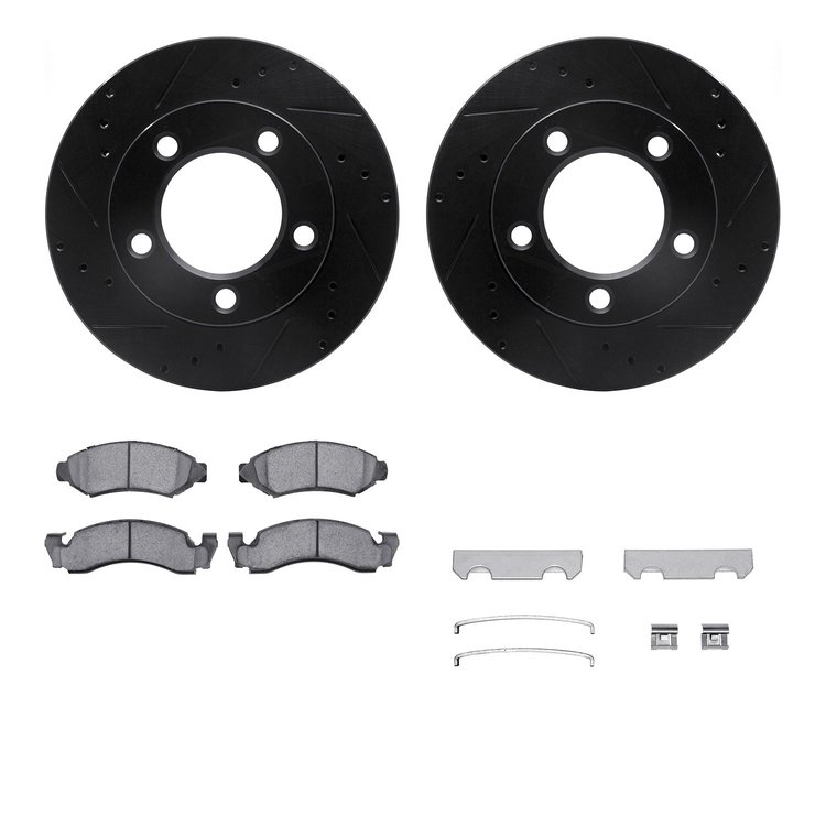 8512-54020 Drilled/Slotted Brake Rotors w/5000 Advanced Brake Pads Kit & Hardware [Black], 1976-1985 Ford/Lincoln/Mercury/Mazda,