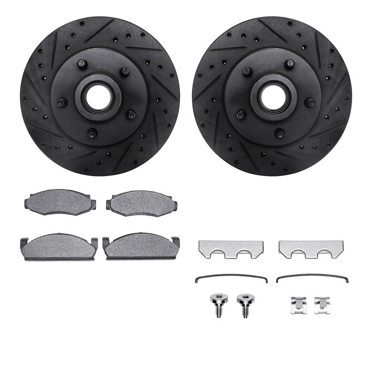 8512-54028 Drilled/Slotted Brake Rotors w/5000 Advanced Brake Pads Kit & Hardware [Black], 1980-1983 Ford/Lincoln/Mercury/Mazda,