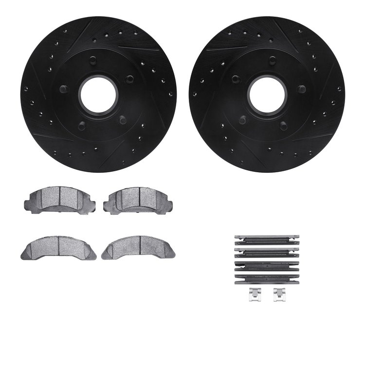 8512-54047 Drilled/Slotted Brake Rotors w/5000 Advanced Brake Pads Kit & Hardware [Black], 1986-1987 Ford/Lincoln/Mercury/Mazda,