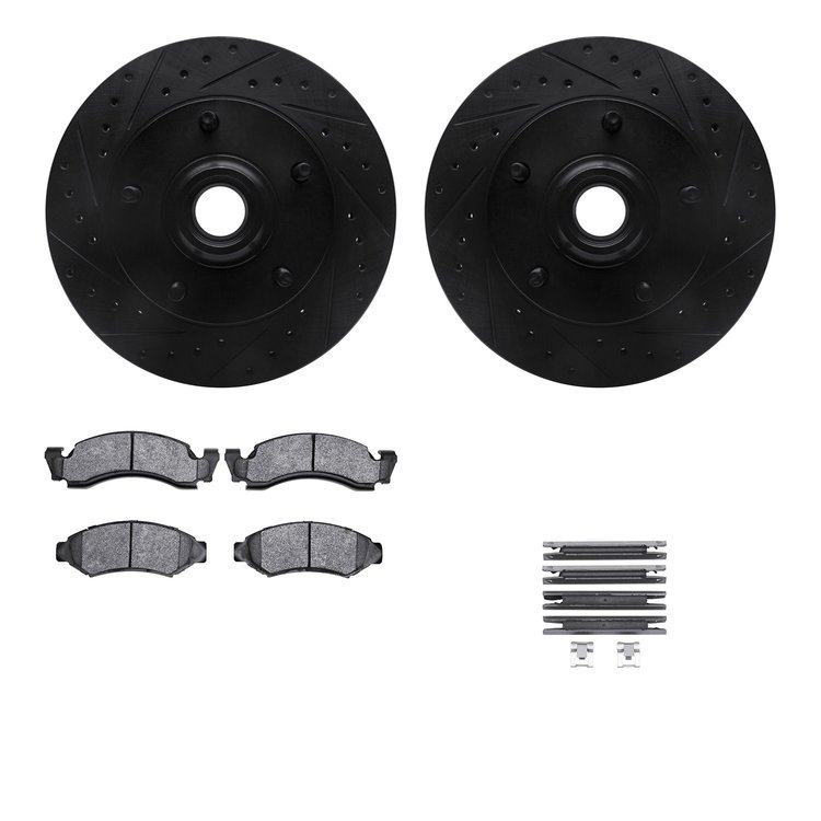 8512-54050 Drilled/Slotted Brake Rotors w/5000 Advanced Brake Pads Kit & Hardware [Black], 1986-1993 Ford/Lincoln/Mercury/Mazda,
