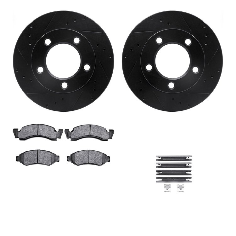 8512-54051 Drilled/Slotted Brake Rotors w/5000 Advanced Brake Pads Kit & Hardware [Black], 1986-1993 Ford/Lincoln/Mercury/Mazda,