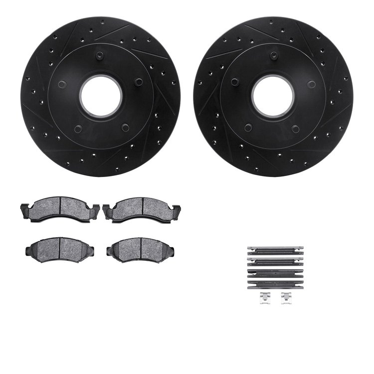 8512-54052 Drilled/Slotted Brake Rotors w/5000 Advanced Brake Pads Kit & Hardware [Black], 1986-1988 Ford/Lincoln/Mercury/Mazda,