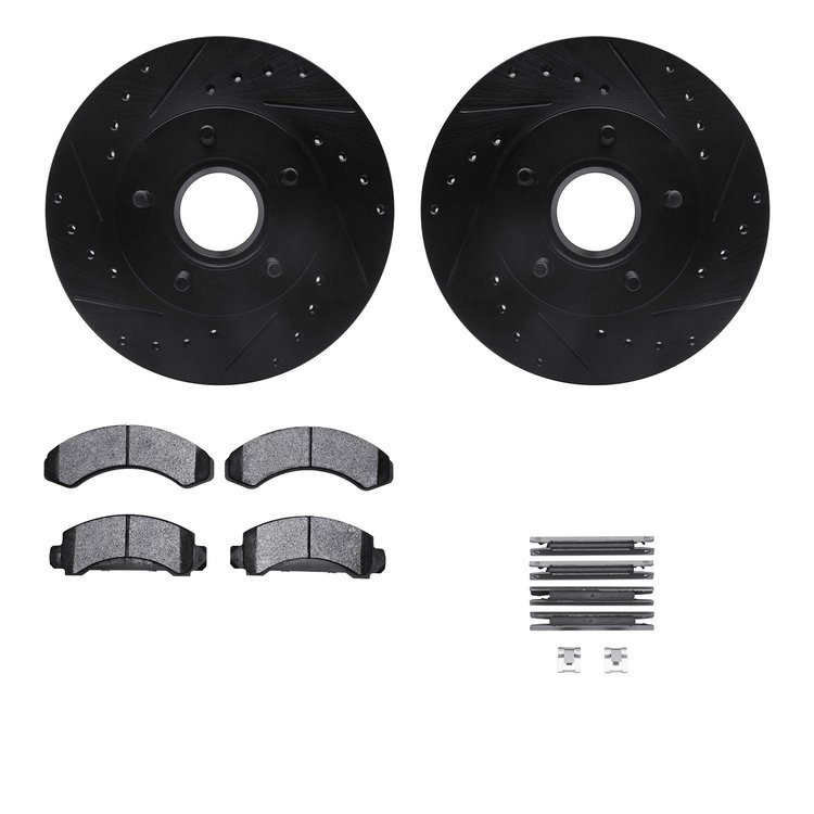 8512-54056 Drilled/Slotted Brake Rotors w/5000 Advanced Brake Pads Kit & Hardware [Black], 1983-1992 Ford/Lincoln/Mercury/Mazda,