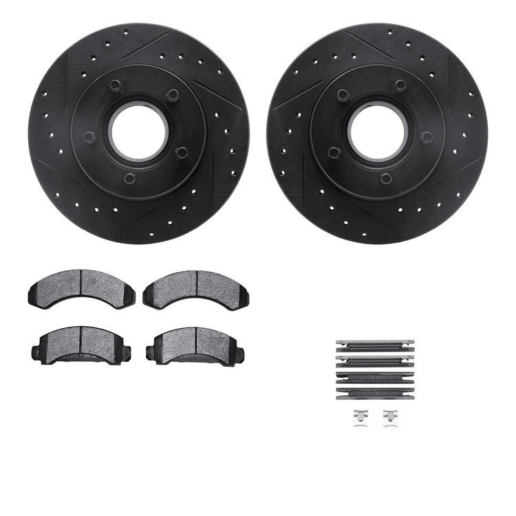 8512-54057 Drilled/Slotted Brake Rotors w/5000 Advanced Brake Pads Kit & Hardware [Black], 1990-1994 Ford/Lincoln/Mercury/Mazda,
