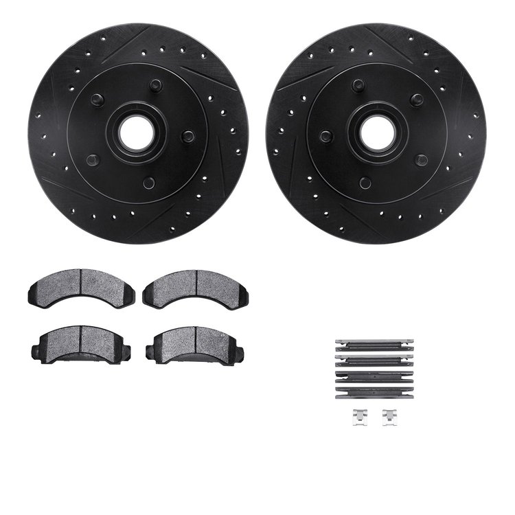 8512-54059 Drilled/Slotted Brake Rotors w/5000 Advanced Brake Pads Kit & Hardware [Black], 1986-1992 Ford/Lincoln/Mercury/Mazda,