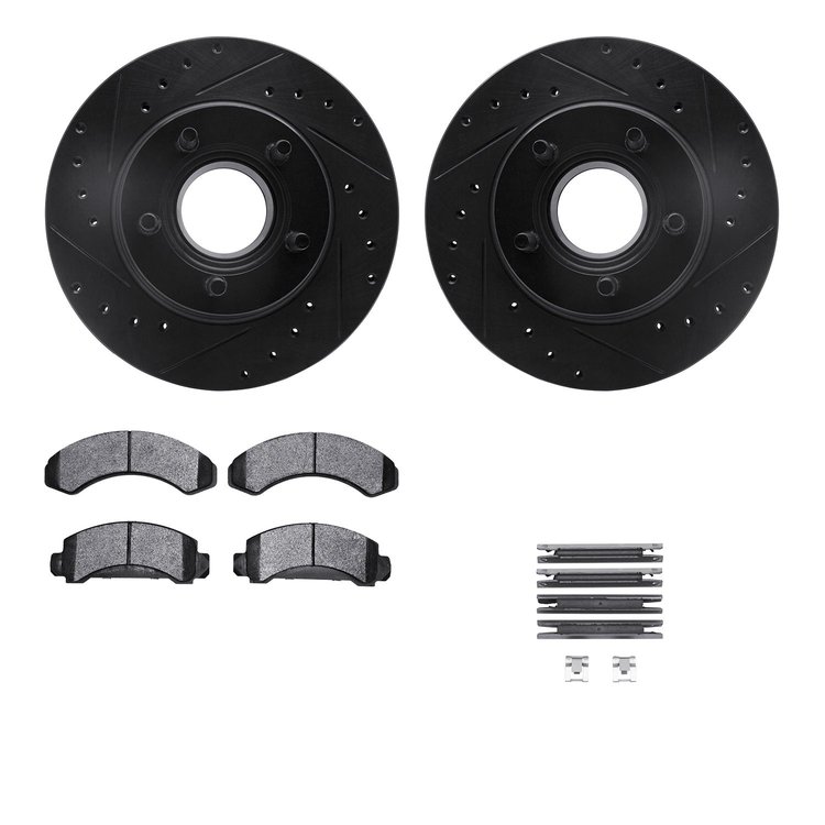 8512-54061 Drilled/Slotted Brake Rotors w/5000 Advanced Brake Pads Kit & Hardware [Black], 1993-1994 Ford/Lincoln/Mercury/Mazda,