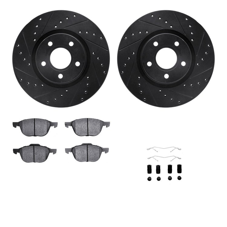 8512-54077 Drilled/Slotted Brake Rotors w/5000 Advanced Brake Pads Kit & Hardware [Black], 2004-2013 Volvo, Position: Front
