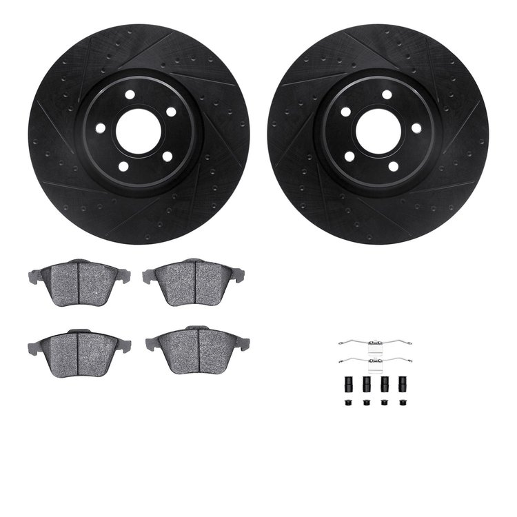 8512-54078 Drilled/Slotted Brake Rotors w/5000 Advanced Brake Pads Kit & Hardware [Black], 2004-2013 Volvo, Position: Front