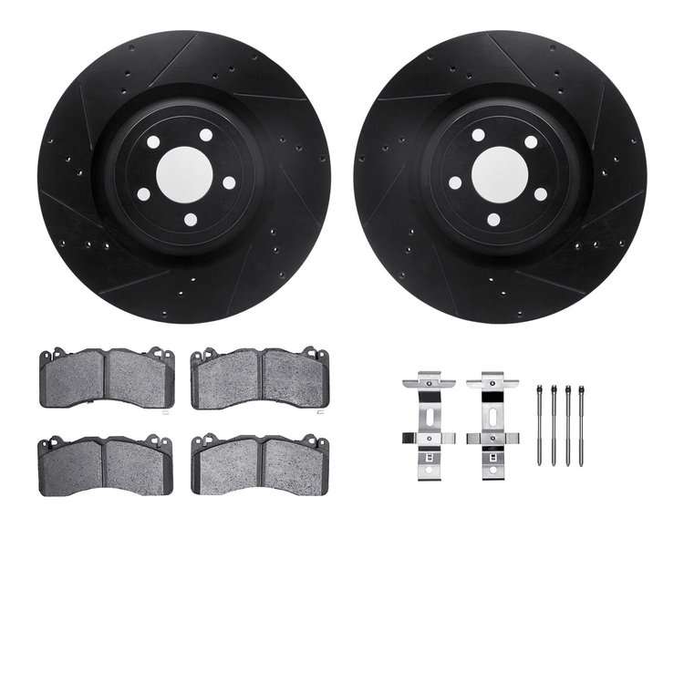 8512-54086 Drilled/Slotted Brake Rotors w/5000 Advanced Brake Pads Kit & Hardware [Black], Fits Select Ford/Lincoln/Mercury/Mazd