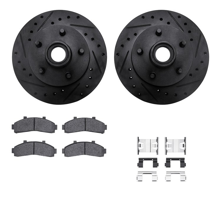 8512-54101 Drilled/Slotted Brake Rotors w/5000 Advanced Brake Pads Kit & Hardware [Black], 1995-1997 Ford/Lincoln/Mercury/Mazda,