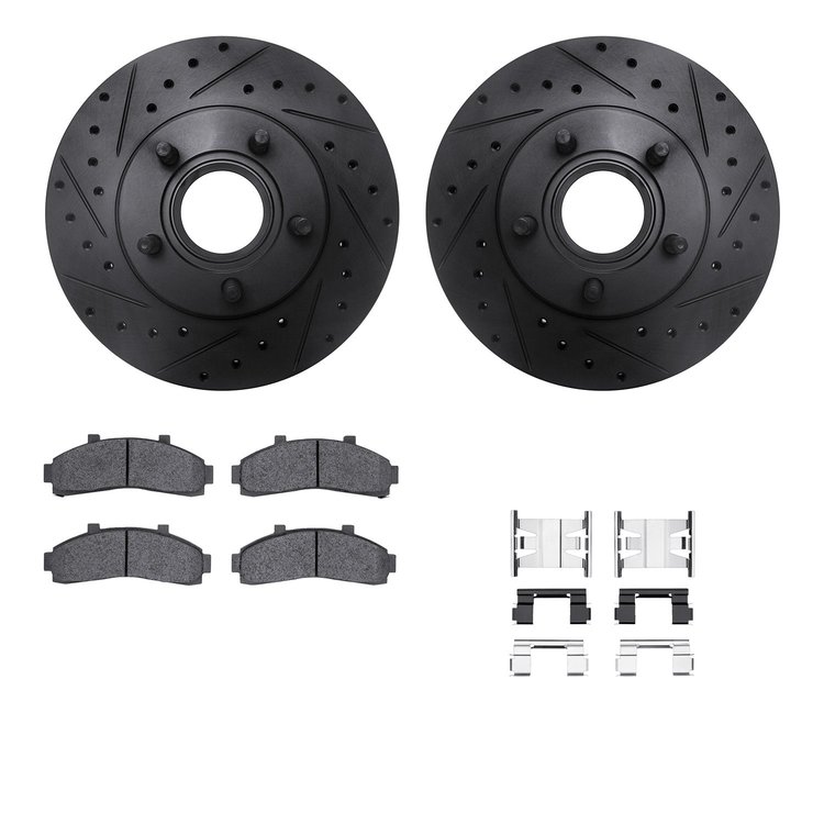 8512-54102 Drilled/Slotted Brake Rotors w/5000 Advanced Brake Pads Kit & Hardware [Black], 1995-1997 Ford/Lincoln/Mercury/Mazda,