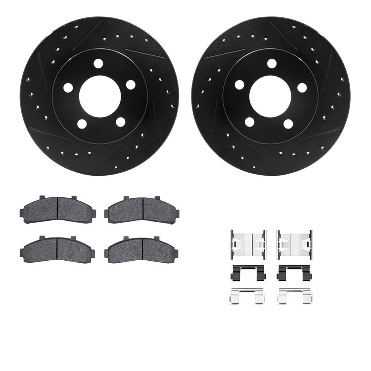 8512-54104 Drilled/Slotted Brake Rotors w/5000 Advanced Brake Pads Kit & Hardware [Black], 1995-2002 Ford/Lincoln/Mercury/Mazda,