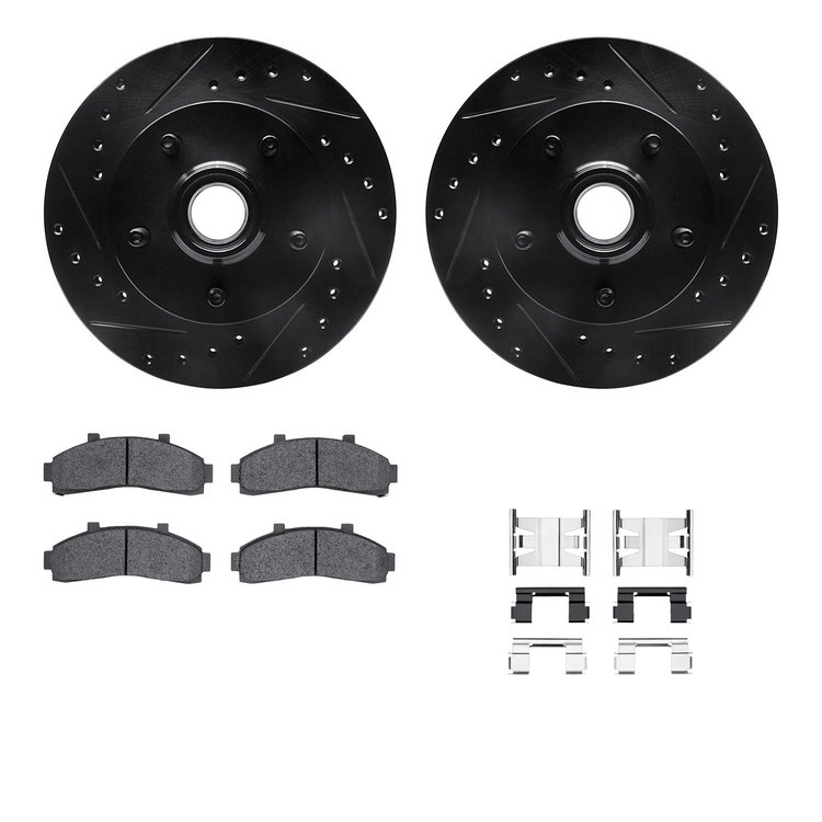 8512-54106 Drilled/Slotted Brake Rotors w/5000 Advanced Brake Pads Kit & Hardware [Black], 1998-2002 Ford/Lincoln/Mercury/Mazda,
