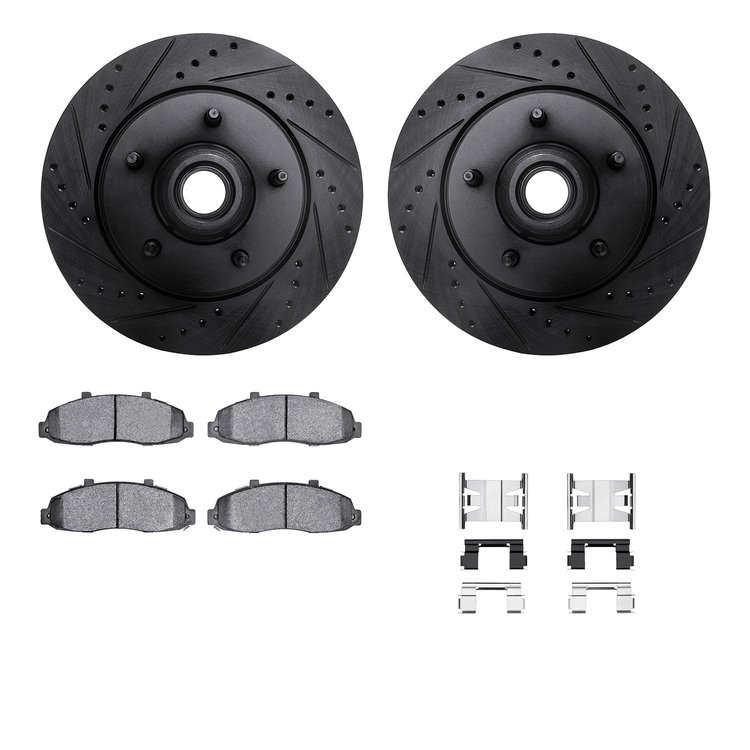 8512-54137 Drilled/Slotted Brake Rotors w/5000 Advanced Brake Pads Kit & Hardware [Black], 1997-1999 Ford/Lincoln/Mercury/Mazda,