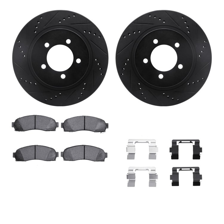 8512-54143 Drilled/Slotted Brake Rotors w/5000 Advanced Brake Pads Kit & Hardware [Black], 2002-2005 Ford/Lincoln/Mercury/Mazda,
