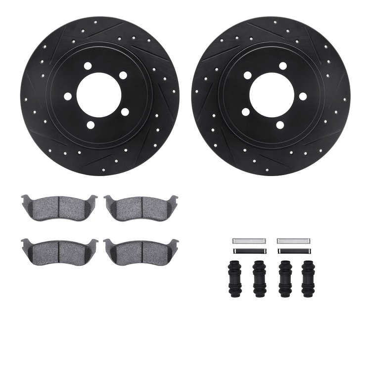 8512-54145 Drilled/Slotted Brake Rotors w/5000 Advanced Brake Pads Kit & Hardware [Black], 2002-2005 Ford/Lincoln/Mercury/Mazda,