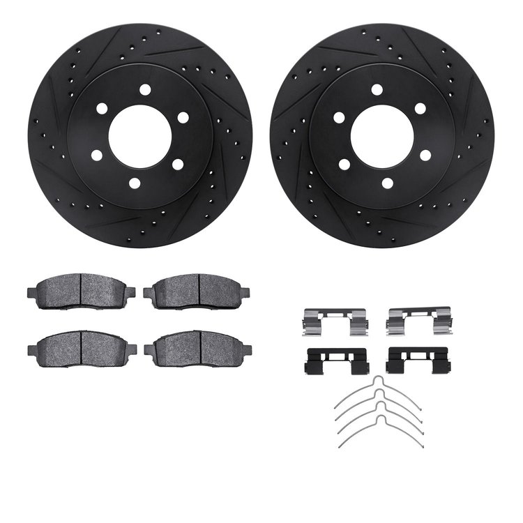8512-54157 Drilled/Slotted Brake Rotors w/5000 Advanced Brake Pads Kit & Hardware [Black], 2004-2008 Ford/Lincoln/Mercury/Mazda,