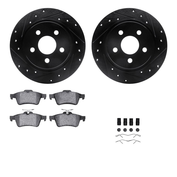 8512-54197 Drilled/Slotted Brake Rotors w/5000 Advanced Brake Pads Kit & Hardware [Black], Fits Select Ford/Lincoln/Mercury/Mazd