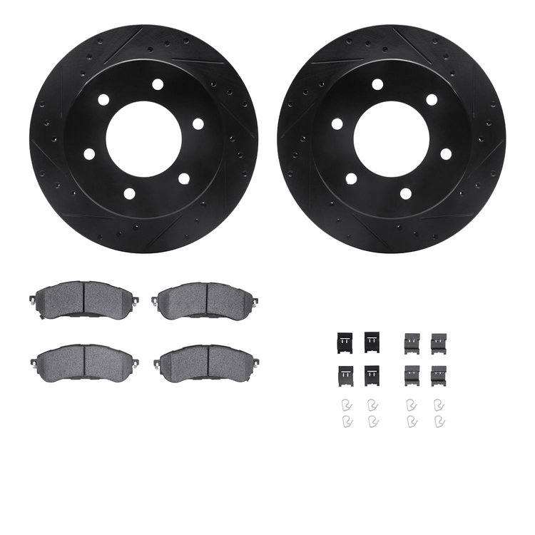 8512-54202 Drilled/Slotted Brake Rotors w/5000 Advanced Brake Pads Kit & Hardware [Black], Fits Select Ford/Lincoln/Mercury/Mazd