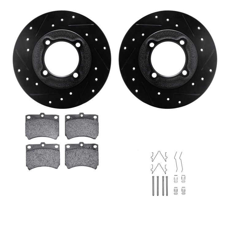 8512-54222 Drilled/Slotted Brake Rotors w/5000 Advanced Brake Pads Kit & Hardware [Black], 1988-1993 Ford/Lincoln/Mercury/Mazda,