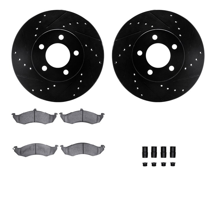 8512-54346 Drilled/Slotted Brake Rotors w/5000 Advanced Brake Pads Kit & Hardware [Black], 1991-1992 Ford/Lincoln/Mercury/Mazda,