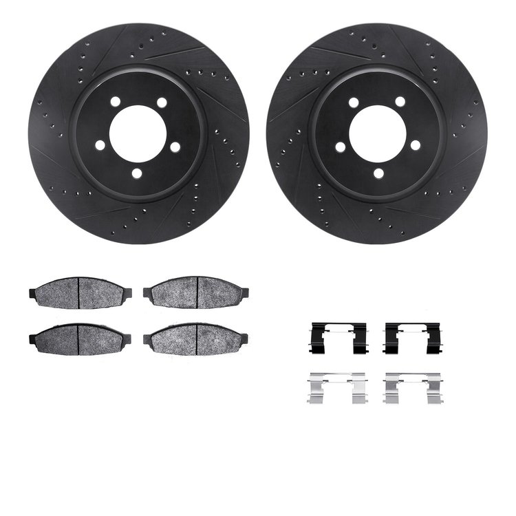 8512-55007 Drilled/Slotted Brake Rotors w/5000 Advanced Brake Pads Kit & Hardware [Black], 2003-2005 Ford/Lincoln/Mercury/Mazda,
