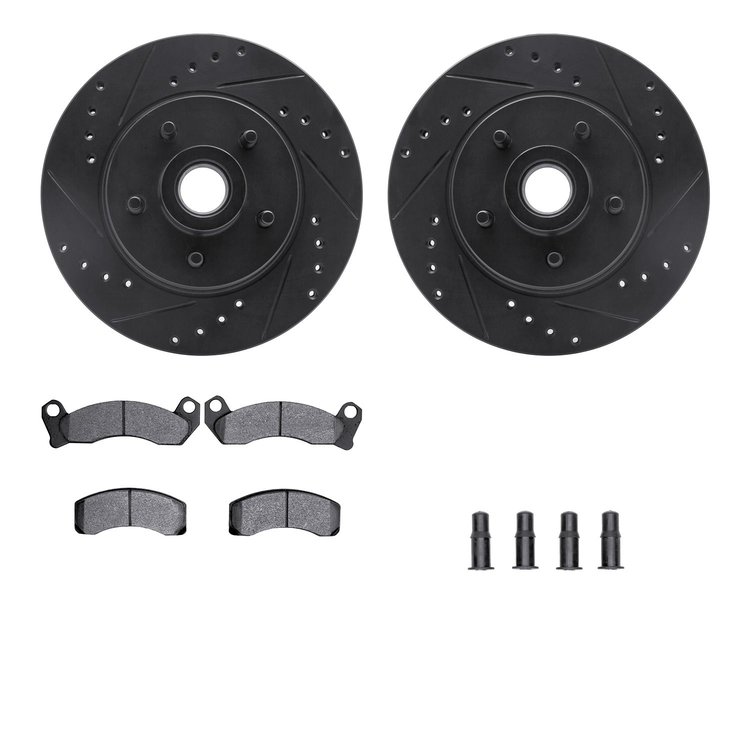 8512-55014 Drilled/Slotted Brake Rotors w/5000 Advanced Brake Pads Kit & Hardware [Black], 1984-1987 Ford/Lincoln/Mercury/Mazda,