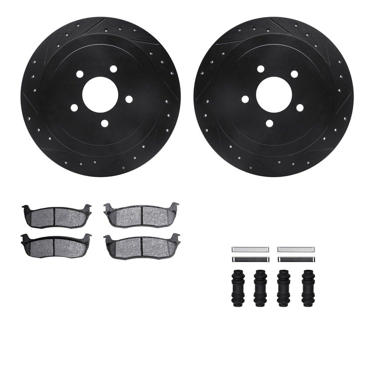 8512-55020 Drilled/Slotted Brake Rotors w/5000 Advanced Brake Pads Kit & Hardware [Black], 2003-2011 Ford/Lincoln/Mercury/Mazda,