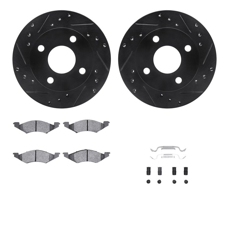 8512-55028 Drilled/Slotted Brake Rotors w/5000 Advanced Brake Pads Kit & Hardware [Black], 1981-1982 Ford/Lincoln/Mercury/Mazda,