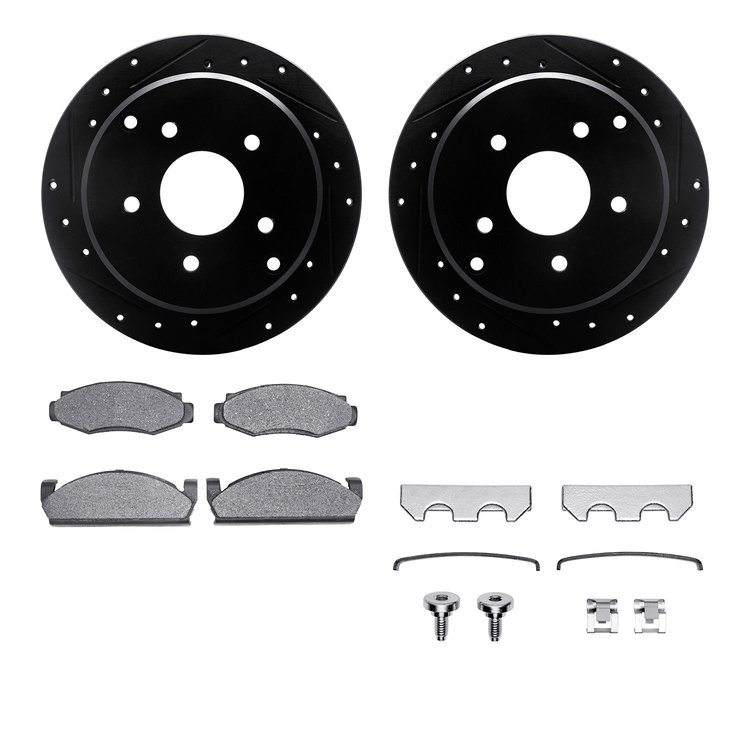 8512-55052 Drilled/Slotted Brake Rotors w/5000 Advanced Brake Pads Kit & Hardware [Black], 1974-1980 Ford/Lincoln/Mercury/Mazda,