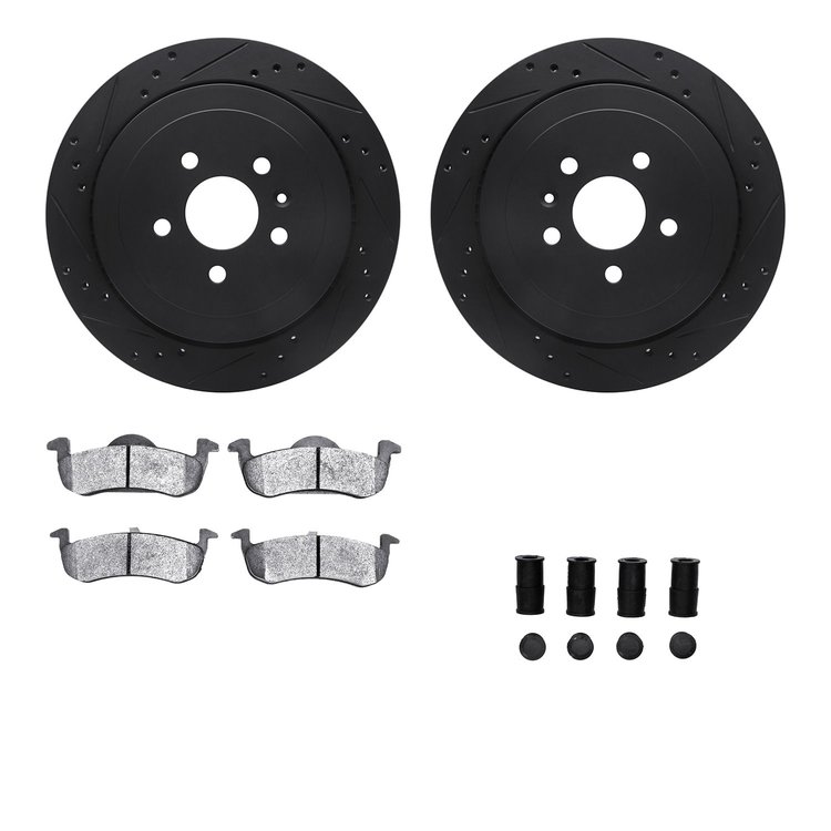 8512-55053 Drilled/Slotted Brake Rotors w/5000 Advanced Brake Pads Kit & Hardware [Black], 2013-2016 Ford/Lincoln/Mercury/Mazda,