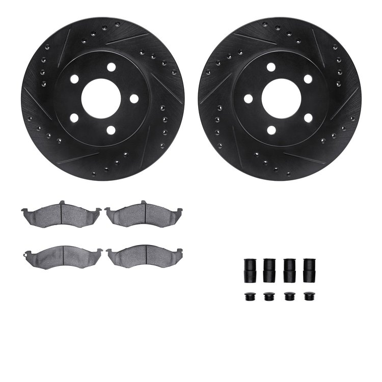 8512-55099 Drilled/Slotted Brake Rotors w/5000 Advanced Brake Pads Kit & Hardware [Black], 1989-1990 Ford/Lincoln/Mercury/Mazda,