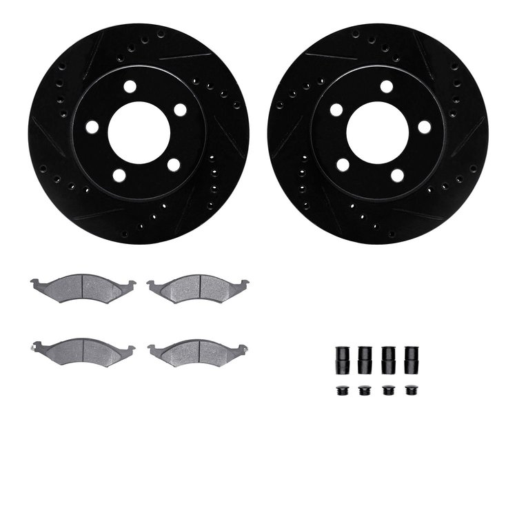 8512-55105 Drilled/Slotted Brake Rotors w/5000 Advanced Brake Pads Kit & Hardware [Black], 1991-1992 Ford/Lincoln/Mercury/Mazda,