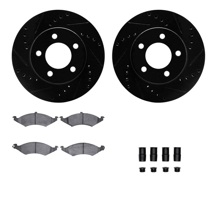 8512-55106 Drilled/Slotted Brake Rotors w/5000 Advanced Brake Pads Kit & Hardware [Black], 1991-1993 Ford/Lincoln/Mercury/Mazda,