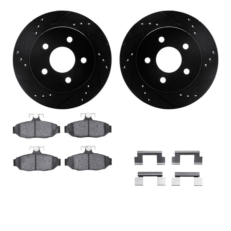 8512-55117 Drilled/Slotted Brake Rotors w/5000 Advanced Brake Pads Kit & Hardware [Black], 1990-1992 Ford/Lincoln/Mercury/Mazda,