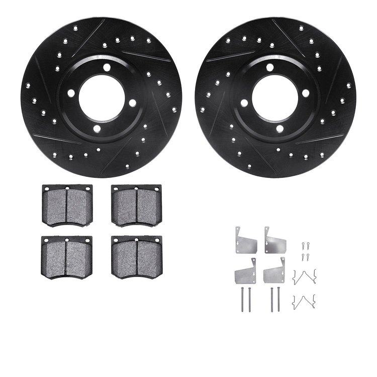 8512-56012 Drilled/Slotted Brake Rotors w/5000 Advanced Brake Pads Kit & Hardware [Black], 1970-1977 Ford/Lincoln/Mercury/Mazda,