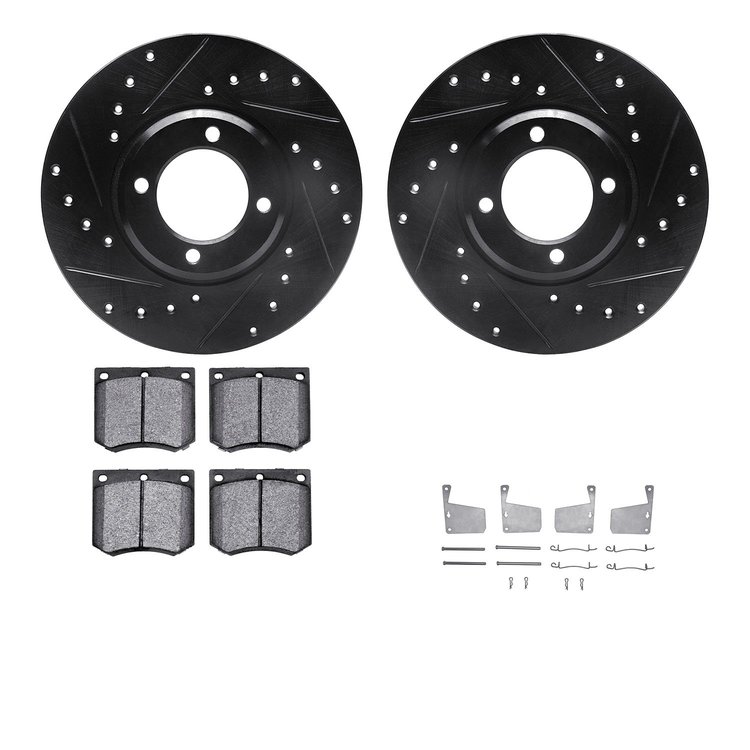 8512-56014 Drilled/Slotted Brake Rotors w/5000 Advanced Brake Pads Kit & Hardware [Black], 1970-1977 Ford/Lincoln/Mercury/Mazda,