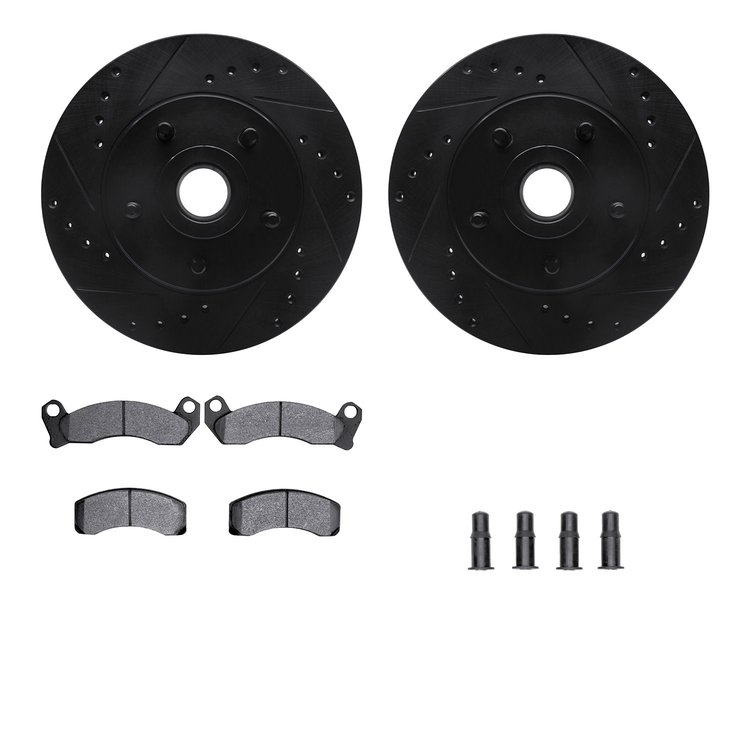 8512-56034 Drilled/Slotted Brake Rotors w/5000 Advanced Brake Pads Kit & Hardware [Black], 1981-1991 Ford/Lincoln/Mercury/Mazda,